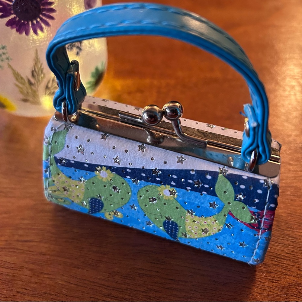 Tic Tok Lipstick Coin Mini Purse Blue Handle Two Green Yellow Fish Clasp Closure